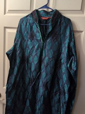 Men's Teal & Navy Patterned Kurta Blazer